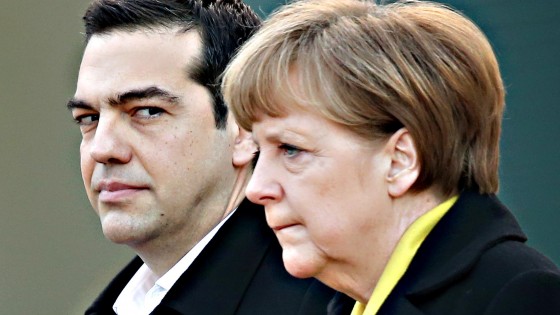 Prime Minister Tsipras Meets With Chancellor Merkel In Berlin...BERLIN, GERMANY - MARCH 23:  German Chancellor Angela Merkel and Greek Prime Minister Alexis Tsipras listen to their countries' national anthems upon his arrival for talks at the Chancellery on March 23, 2015 in Berlin, Germany. The two leaders are meeting as relations between the Tsipras government and Germany have soured amidst contrary views between the two countries on how Greece can best work itself out of its current economic morass.  (Photo by Sean Gallup/Getty Images)