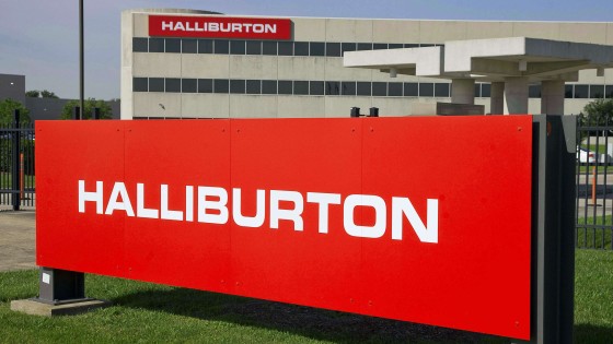 The company logo of Halliburton oilfield services corporate offices is seen in Houston, Texas in this April 6, 2012 file photo. Halliburton Co said October 17, 2012 that its third-quarter profit fell due to inflated raw material costs and a slowdown in U.S. drilling, which showed no signs of picking up as many clients' budgets for the year were already spent.   REUTERS/Richard Carson/Files    (UNITED STATES - Tags: BUSINESS LOGO ENERGY)